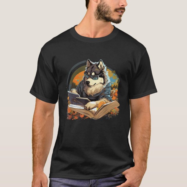 Camiseta Outdoors Alaskan Malamute Dog Reading Book  (Anverso)