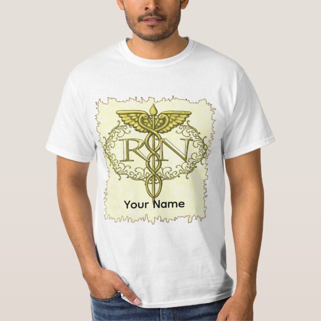 Camiseta Oval Gold Caduceus RN Nurse (Anverso)