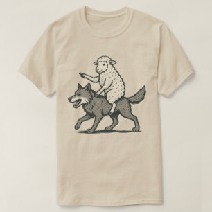 Camiseta Oveja Divertida Montando Lobo Animal Único Vinta