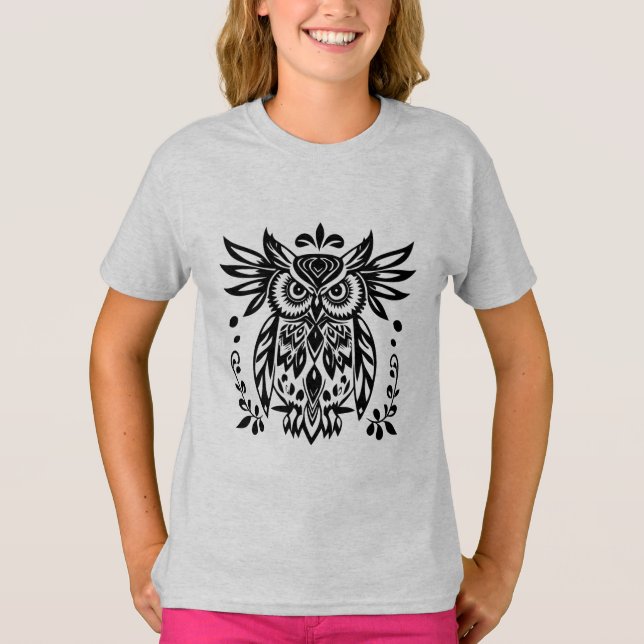 Camiseta Owl Lovers Rustic Woodlands Black White Bohemian  (Anverso)
