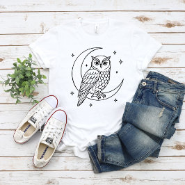 Camiseta  Owl on Crescent Moon with Stars Line Art