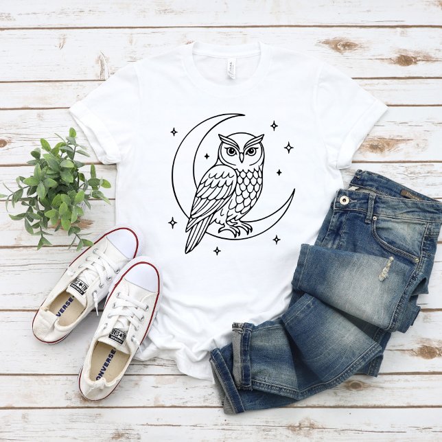 Camiseta  Owl on Crescent Moon with Stars Line Art (Subido por el creador)
