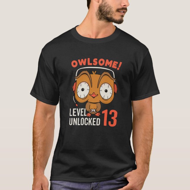 Camiseta Owlsome Owl Gaming Level 13 Unlocked 13Th Birthday (Anverso)