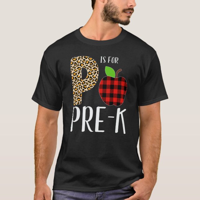Camiseta P Is For Pre K Teacher Leopard Buffalo Plaid Kids  (Anverso)