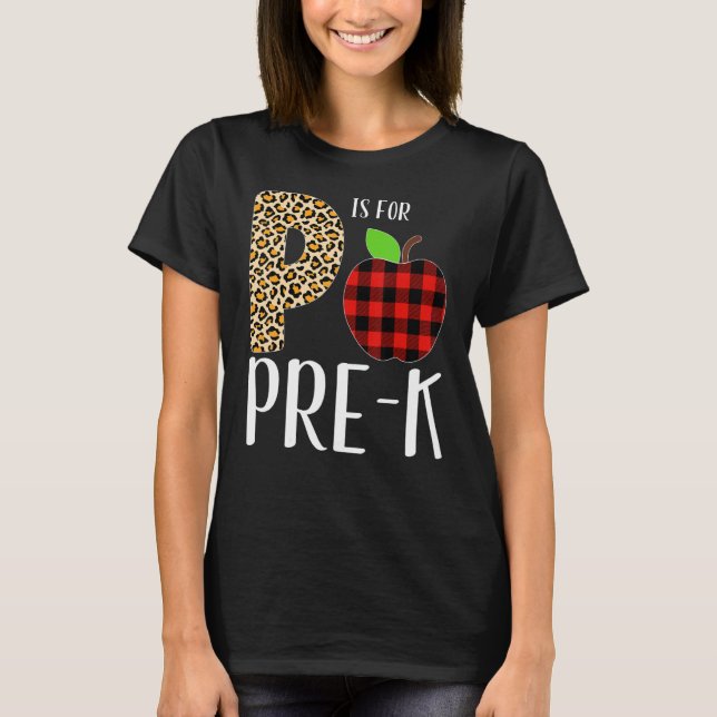 Camiseta P Is For Pre K Teacher Leopard Buffalo Plaid Kids  (Anverso)