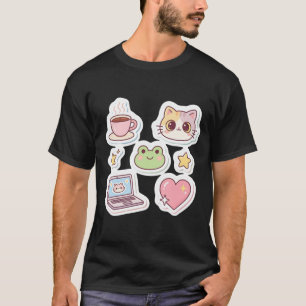 Camiseta Pack de Stickers de Gato y Rana con Estética Kawai