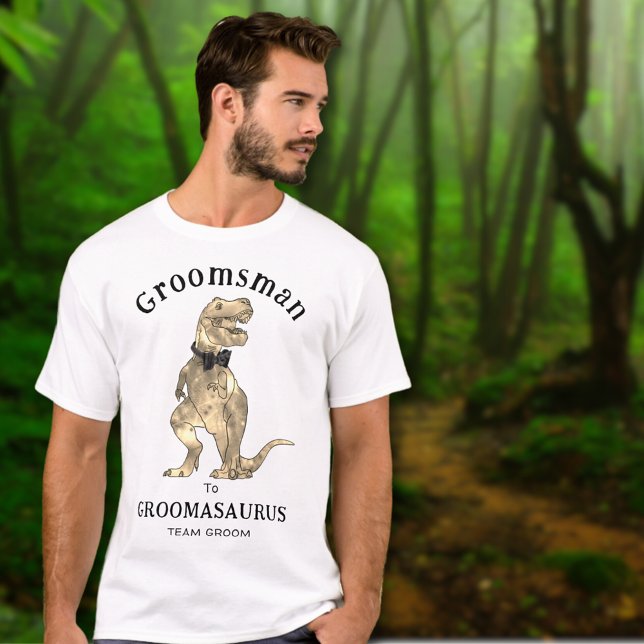 Camiseta Padrino de boda de dinosaurio divertido despedida  (Funny dinosaur wedding groomsman to groomasaurus T-shirt T-Rex wearing a bow tie)