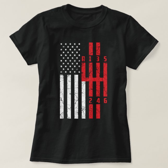 Camiseta Pág Shift Bandera Americana 6 velocidad ford musta (Diseño del anverso)