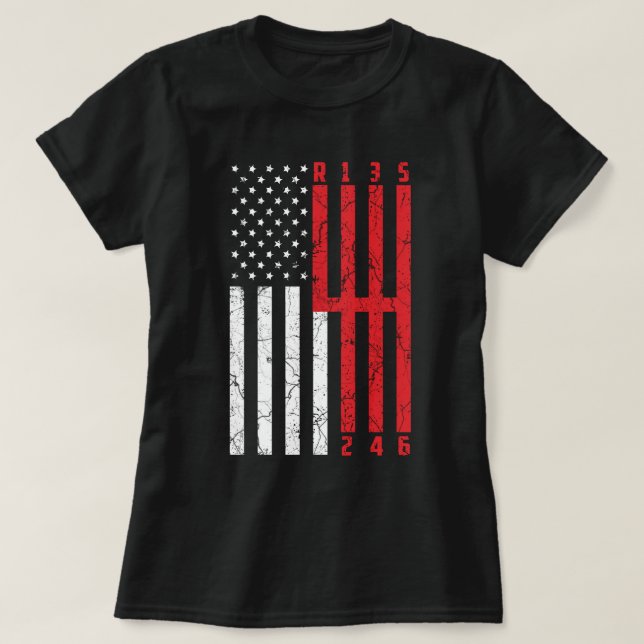 Camiseta Pág Shift Bandera Americana 6 velocidad ford musta (Diseño del anverso)