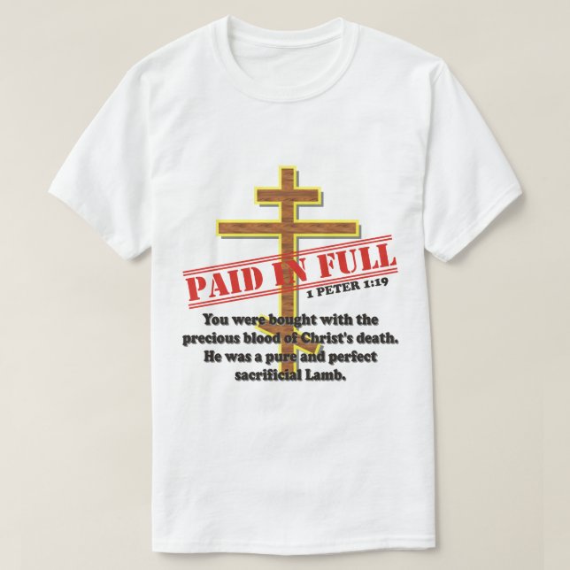 CAMISETA PAGADO POR COMPLETO POR LA SANGRE DE CRISTO (Diseño del anverso)