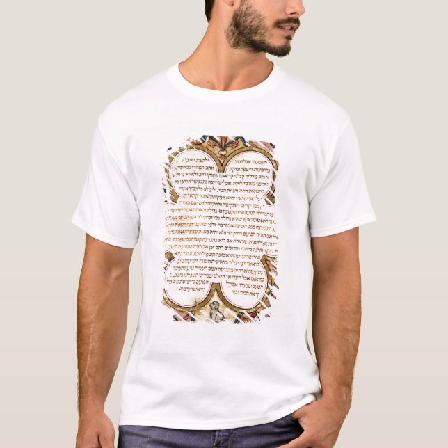 Camiseta Página de una biblia hebrea con los pájaros, 1299 (Anverso)