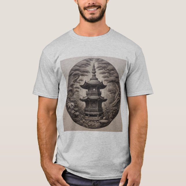Camiseta Pagoda Asiática en Bosque Tropical en Ilustración  (Anverso)