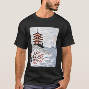 Camiseta Pagoda Japonesa Monte Fuji Flor de Cerezo Paisaje