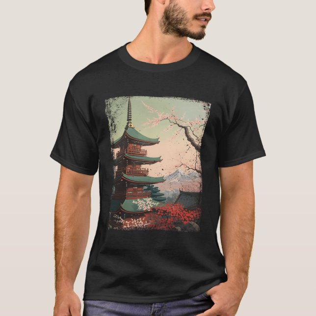 Camiseta Pagoda Japonesa Ukiyo-E Y Flores De Cerezo (Anverso)