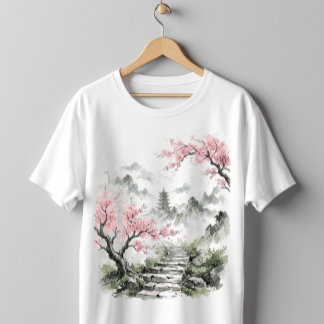 Camiseta Pagoda Japonesa y Flor de Cerezo Arte Acuarela