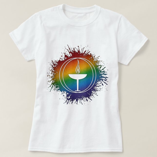 Camiseta Paint Splatter LGBT Rainbow Unitarian Universalism (Diseño del anverso)