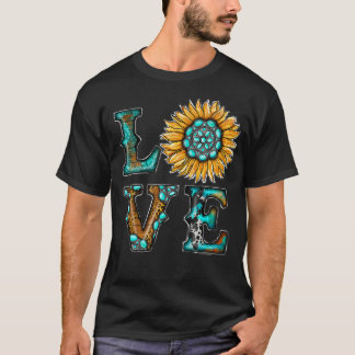 Camiseta País Occidental Boho Turquoise Love Sunflower