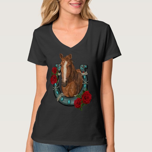 Camiseta País Occidental Texas Cowgirl Floral Horseshoe Hor (Anverso)