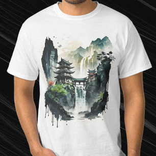 Camiseta Paisaje antiguo de la tinta china con cascada