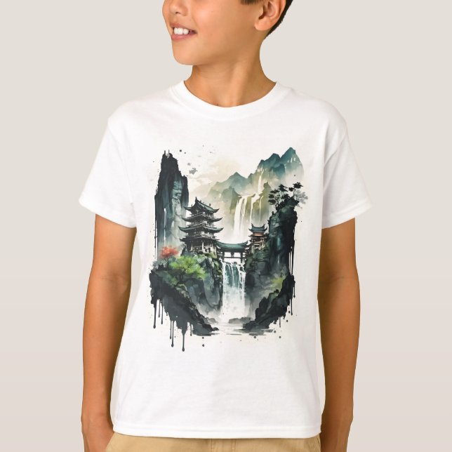 Camiseta Paisaje antiguo de la tinta china con cascada (Anverso)