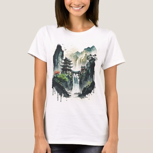 Camiseta Paisaje antiguo de la tinta china con cascada (Anverso)