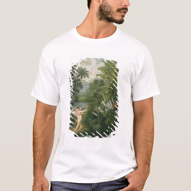 Camiseta Paisaje con Cupido apuntando una flecha a un loro  (Anverso)