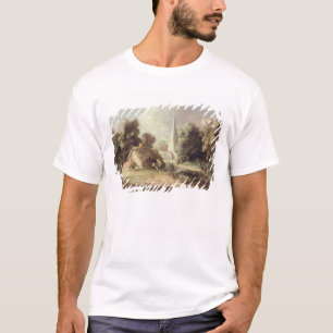 Camiseta Paisaje con una iglesia, cabaña, aldeanos y