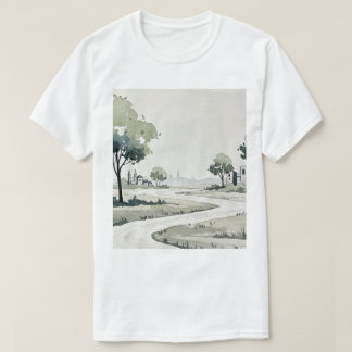Camiseta paisaje de colinas con casas pequeñas