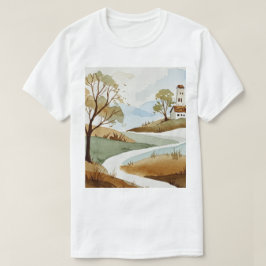 Camiseta paisaje de colinas con casas pequeñas