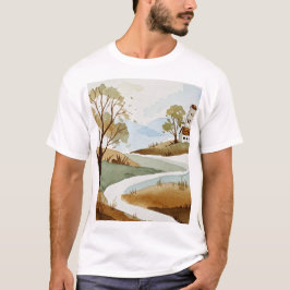 Camiseta paisaje de colinas con casas pequeñas