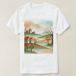 Camiseta paisaje de colinas con casas pequeñas