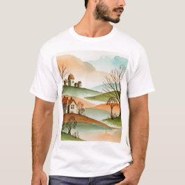 Camiseta paisaje de colinas con casas pequeñas