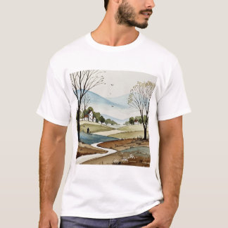 Camiseta paisaje de colinas con casas pequeñas