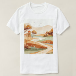 Camiseta paisaje de colinas con casas pequeñas