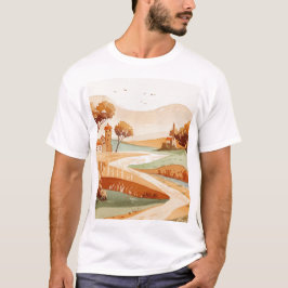 Camiseta paisaje de colinas con casas pequeñas