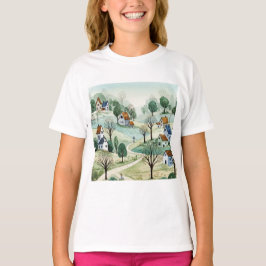 Camiseta paisaje de colinas con casas pequeñas