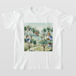 Camiseta paisaje de colinas con casas pequeñas