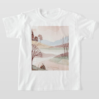 Camiseta paisaje de colinas con casas pequeñas