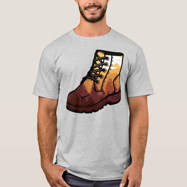 Camiseta Paisaje de zapatos de excursión retro - atardecer  (Anverso)
