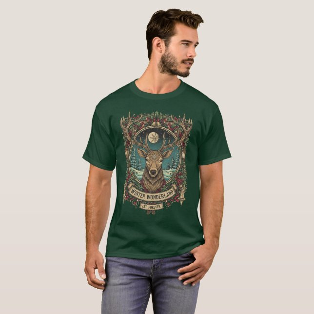 Camiseta "Paisaje Invernal" Emblema de Ciervo de Navidad. (Anverso completo)