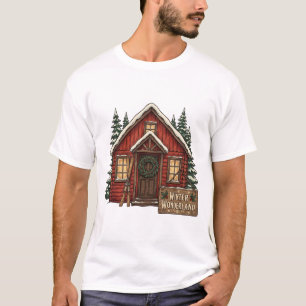 Camiseta Paisaje Invernal Mágico - Cabaña Roja Acogedora en