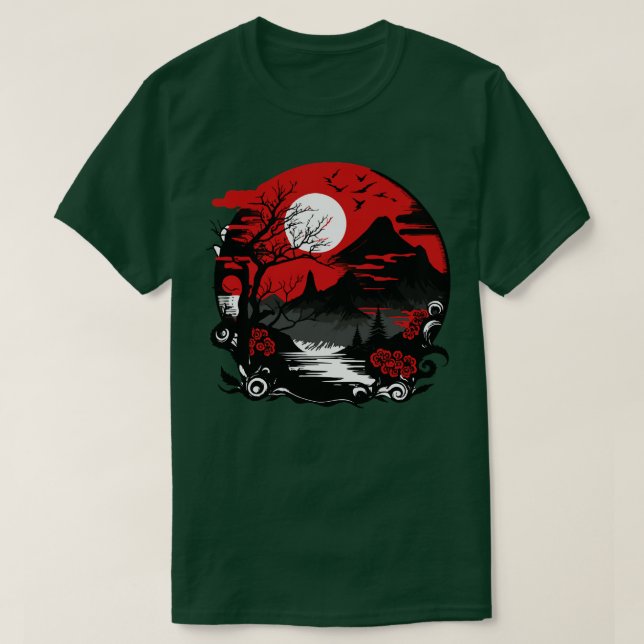 Camiseta paisaje japonés con flores de montaña y sol rojo (Diseño del anverso)