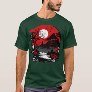 Camiseta paisaje japonés con flores de montaña y sol rojo