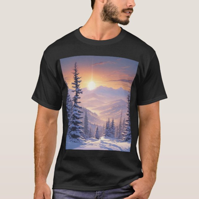 Camiseta Paisaje montañoso invernal con abetos y sol (Anverso)