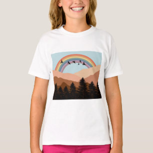 Camiseta Paisaje Resumen Árboles forestales Arcoiris y Aves