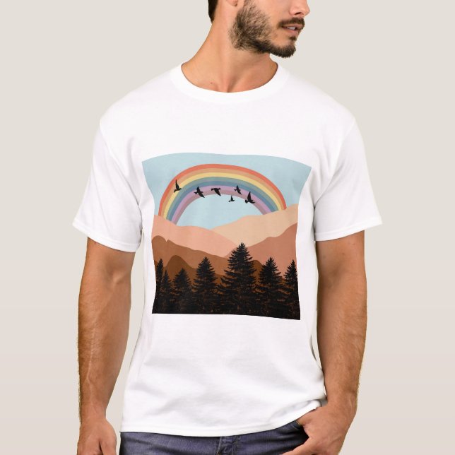 Camiseta Paisaje Resumen Árboles forestales Arcoiris y Aves (Anverso)