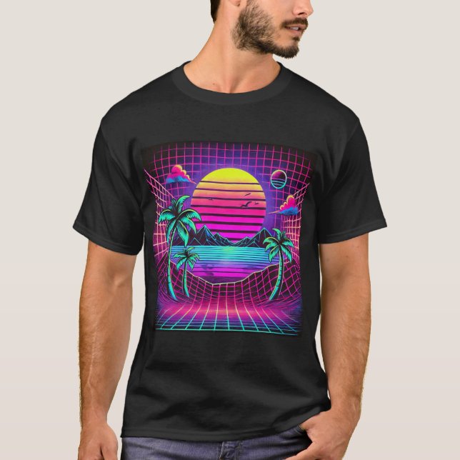 Camiseta Paisaje retro colorido con palmeras (Anverso)