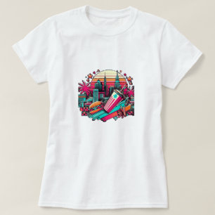 Camiseta Paisaje Retro Neon Cityscape con Vibes de Comida R