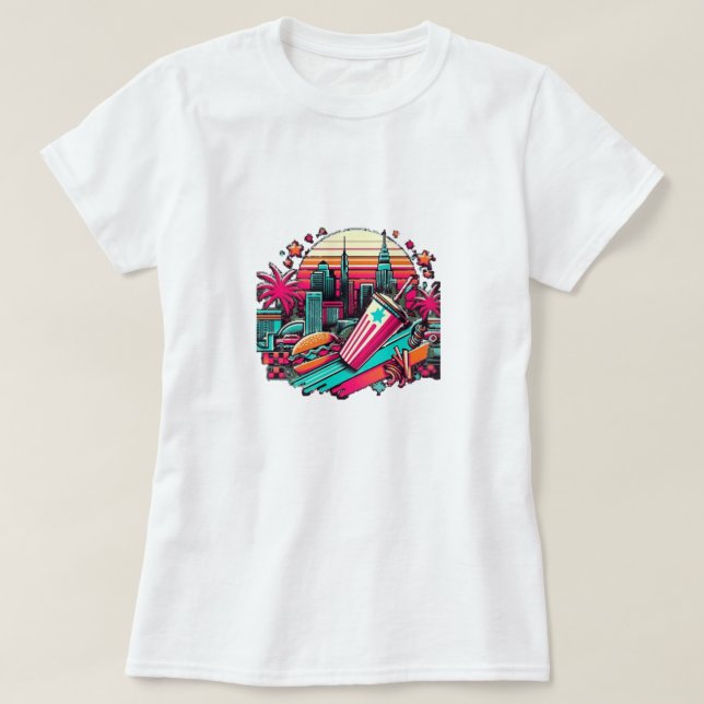 Camiseta Paisaje Retro Neon Cityscape con Vibes de Comida R (Diseño del anverso)