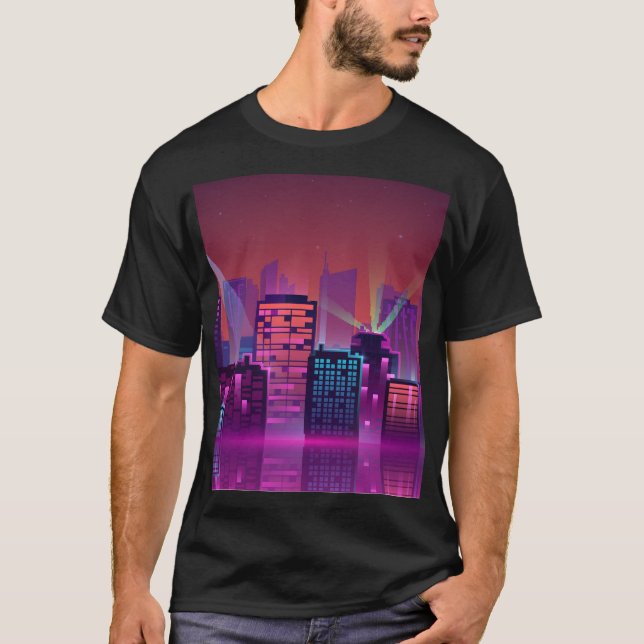 Camiseta Paisaje urbano nocturno brillante, vintage. (Anverso)
